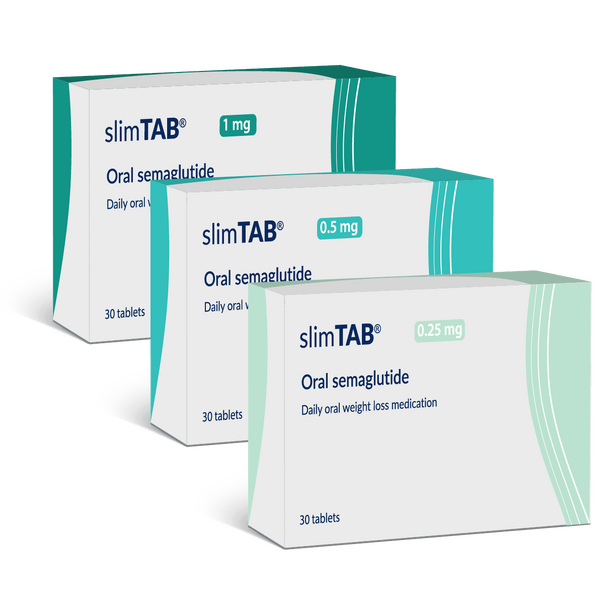 alt="SlimTab oral semaglutide medication packaging and tablets for weight management"