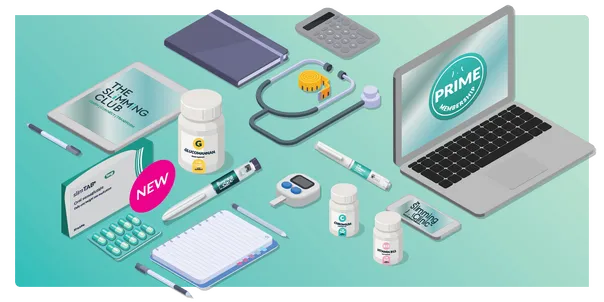 Combination graphic showing weight loss medication alongside the Prime annual plan logo and The Slimming Club logo to illustrate the full January Sale bundle