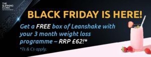 Banner showing The Slimming Clinic Black Friday deal for a FREE box of Leanshake 
