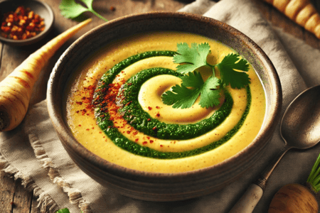 Spiced Parsnip Soup with Coriander & Chilli Pesto